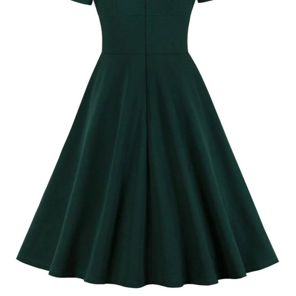 50s Vintage Dress Dark Green V Neck Short Sleeve - Picture 4 of 9